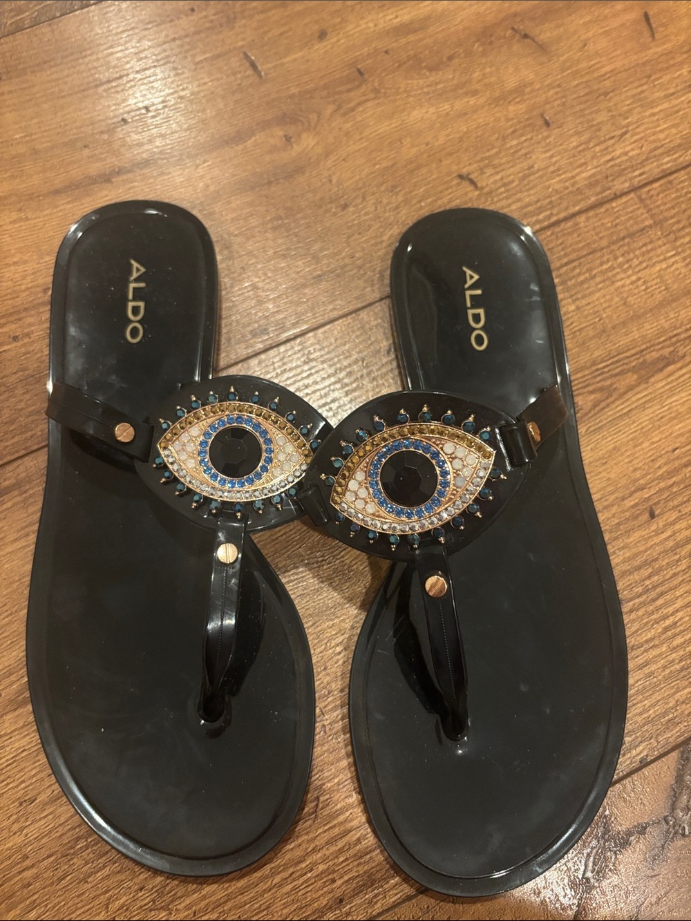 ALDO Black Jelly Evil Eye Embellished Thong Sandals